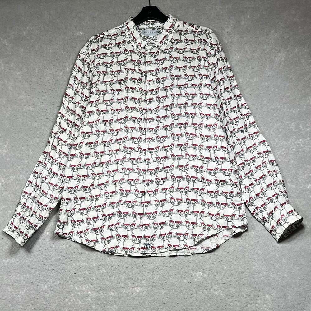 Pink House Mustique Shirt Mens XL White Pattern Golf Cart 100% Linen Button Up